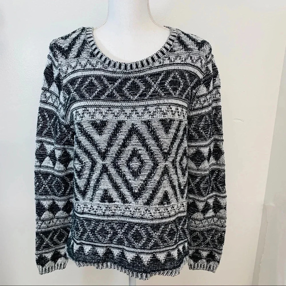 Lucky Brand Sweater Woman Large Black White Geometric Print  Long Sleeve Boxy - Picture 1 of 8